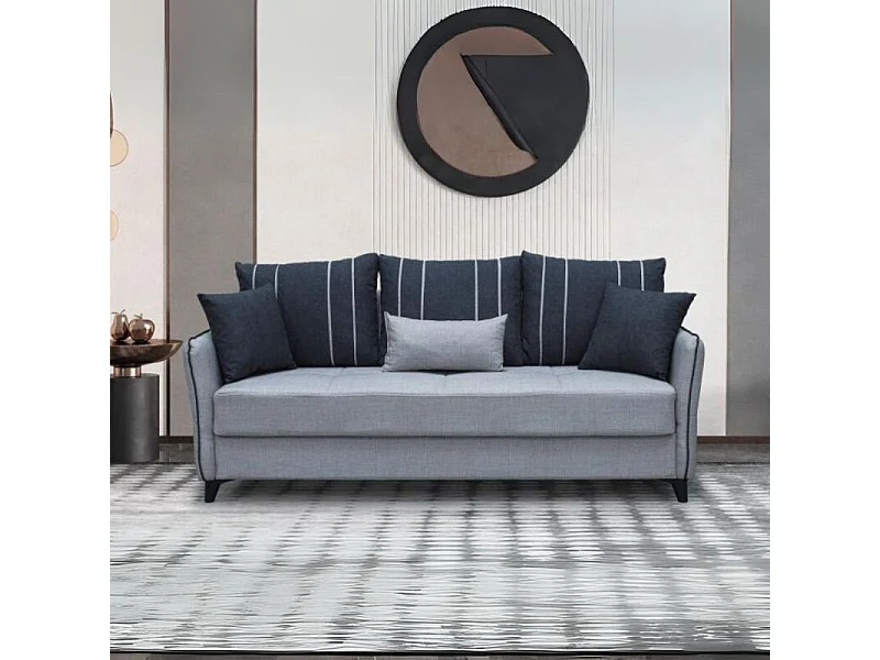 Divano 3 posti funzione letto contenitore Panama in tessuto grigio chiaro e cuscini grigio scuro 210x94x80h