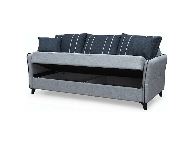 Divano 3 posti funzione letto contenitore Panama in tessuto grigio chiaro e cuscini grigio scuro 210x94x80h