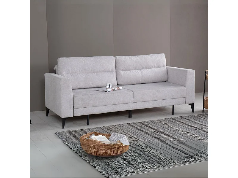 Divano con carrello estraibile e schienale ribaltabile Derry 3 posti tessuto grigio chiaro 217x85x88H