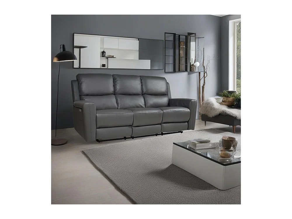 Divano 3 posti recliner elettrici in vera pelle grigio scuro Claus 211x77x103H
