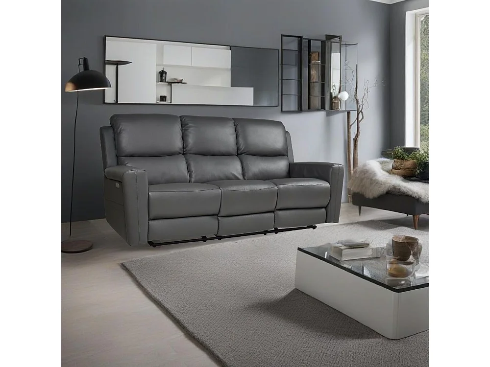 Divano 3 posti recliner elettrici in vera pelle grigio scuro Claus 211x77x103H