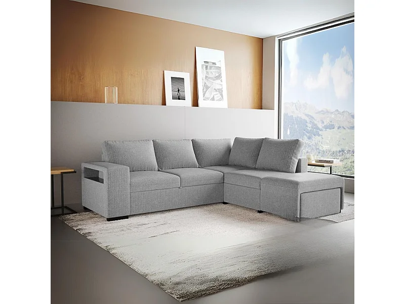 Divano Letto Angolare reversibile Jozzis grigio con funzione letto e bracciolo contenitore 248,5x209x90,5H