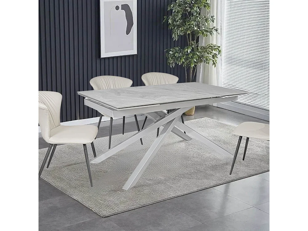 Tavolo allungabile Nefti top ceramica grigio chiaro italiano e gambe in metallo argento 160x90x76h