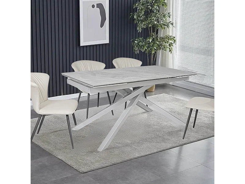 Tavolo allungabile Nefti top ceramica grigio chiaro italiano e gambe in metallo argento 160x90x76h