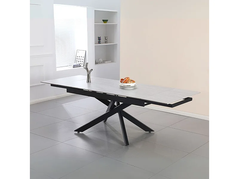 Tavolo allungabile Trivia con piano in ceramica larice beige e gambe in metallo nero 160x90x75.5H