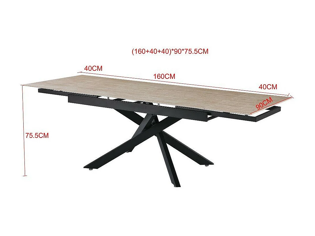 Tavolo allungabile Trivia con piano in ceramica larice beige e gambe in metallo nero 160x90x75.5H