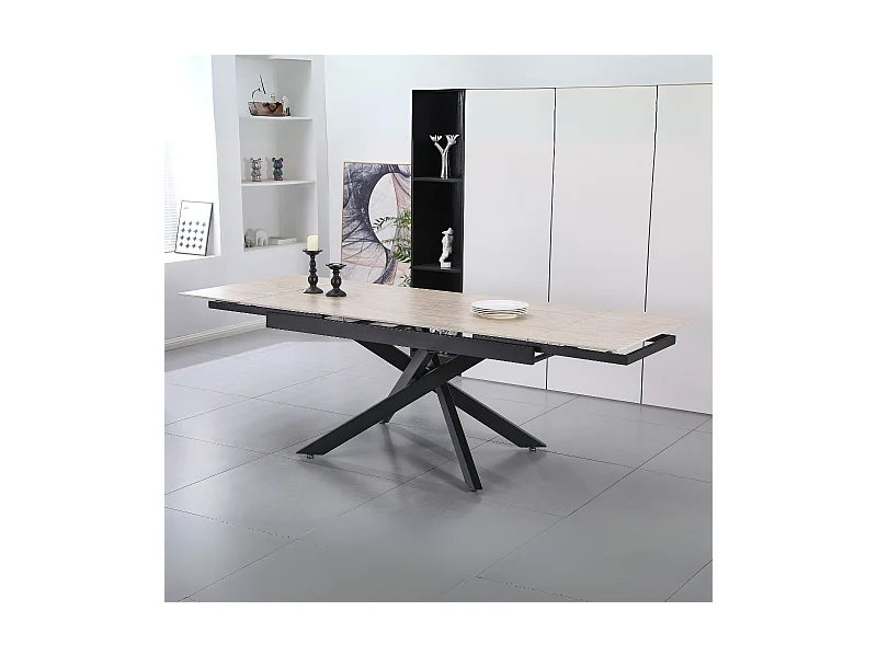Tavolo allungabile Trivia con piano in ceramica effetto marmo Travertino e gambe in metallo nero 160x90x75.5H