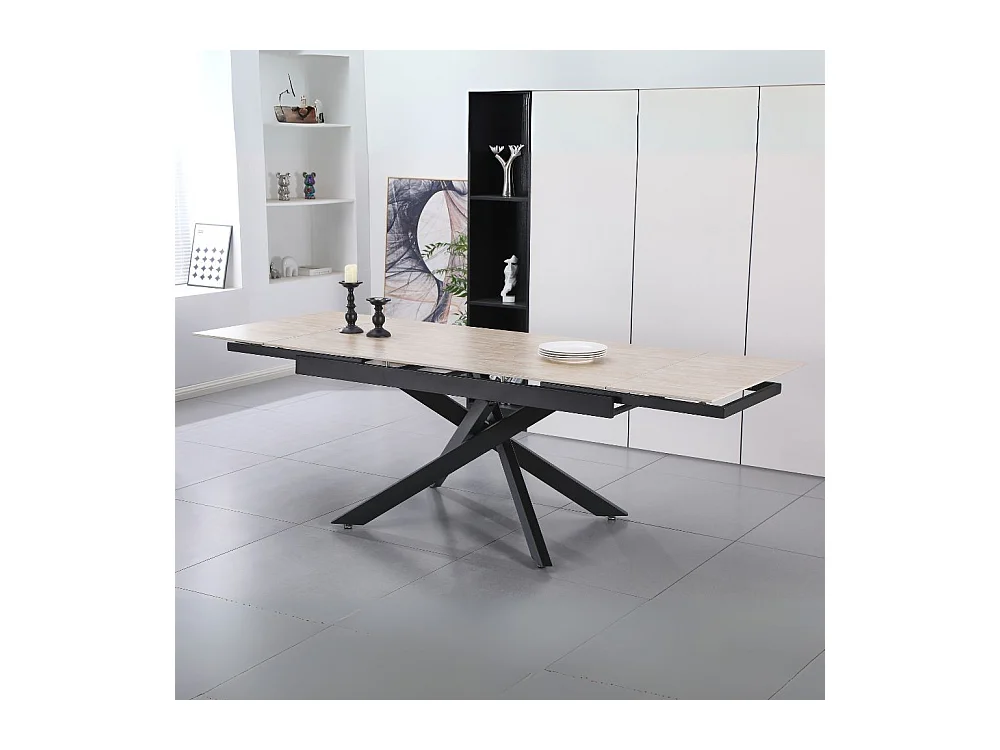 Tavolo allungabile Trivia con piano in ceramica effetto marmo Travertino e gambe in metallo nero 160x90x75.5H