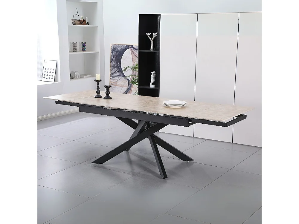 Tavolo allungabile Trivia con piano in ceramica effetto marmo Travertino e gambe in metallo nero 160x90x75.5H