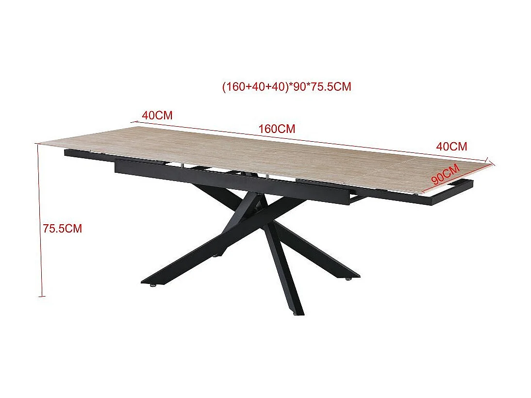 Tavolo allungabile Trivia con piano in ceramica effetto marmo Travertino e gambe in metallo nero 160x90x75.5H