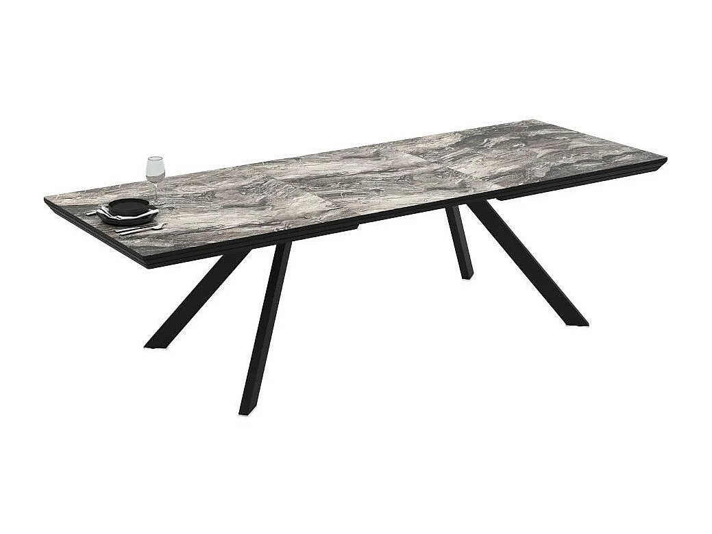 Tavolo allungabile piano effetto marmo nero arabesque lucido e gambe in metallo Corin 200x100x77H