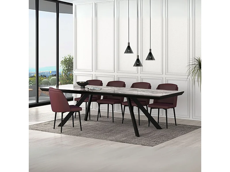 Tavolo allungabile piano effetto marmo nero arabesque lucido e gambe in metallo Corin 200x100x77H