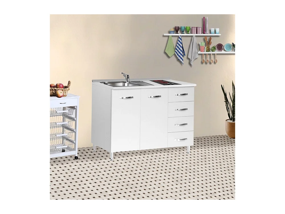 Mini cucina Cucinino120 con cassetti bianco larice lavello e piano cottura vetroceramica 120x60x85H