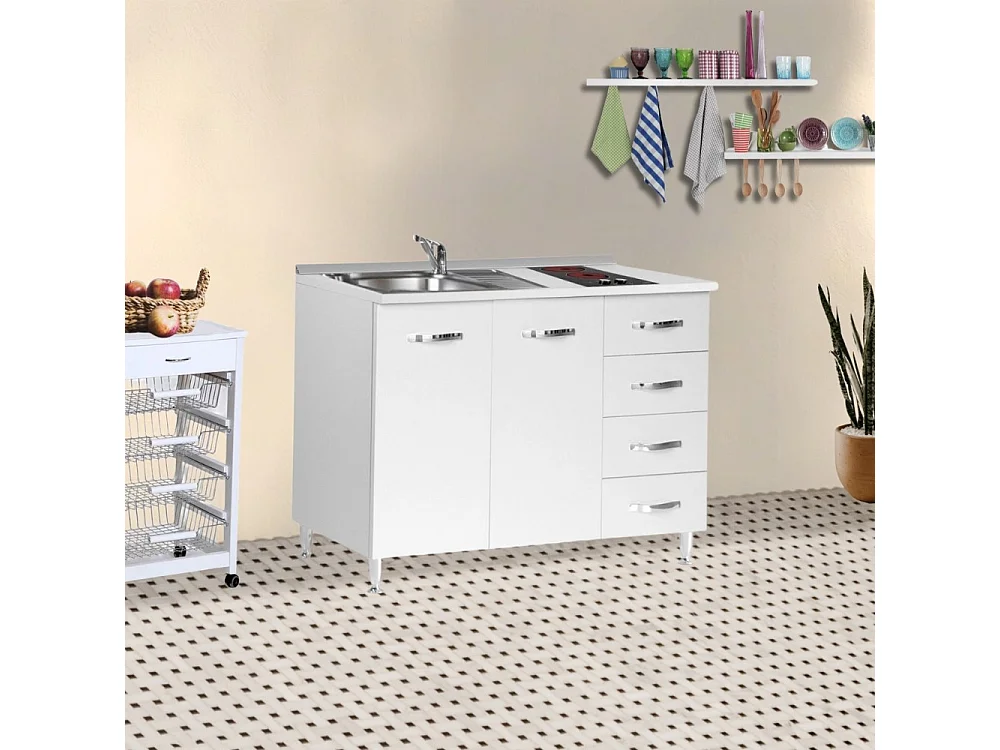 Mini cucina Cucinino120 con cassetti bianco larice lavello e piano cottura vetroceramica 120x60x85H