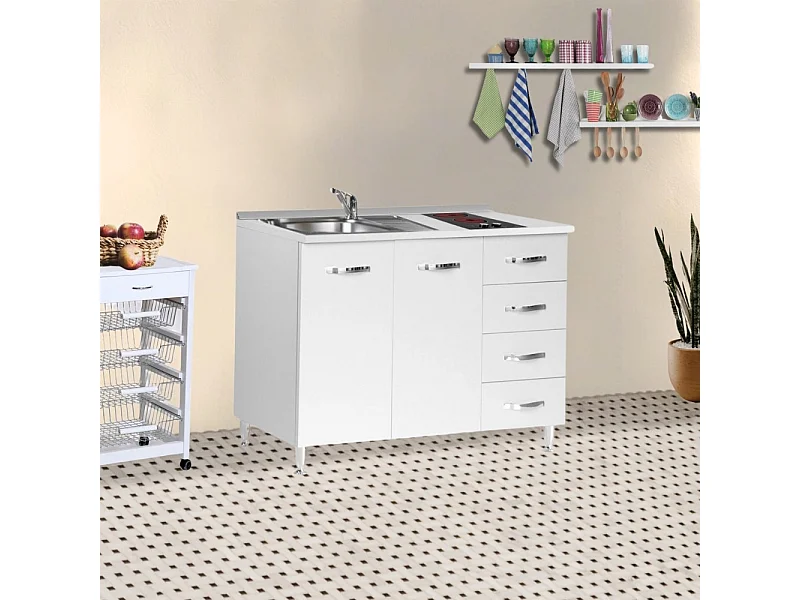 Mini cucina Cucinino120 con cassetti bianco larice lavello e piano cottura vetroceramica 120x60x85H