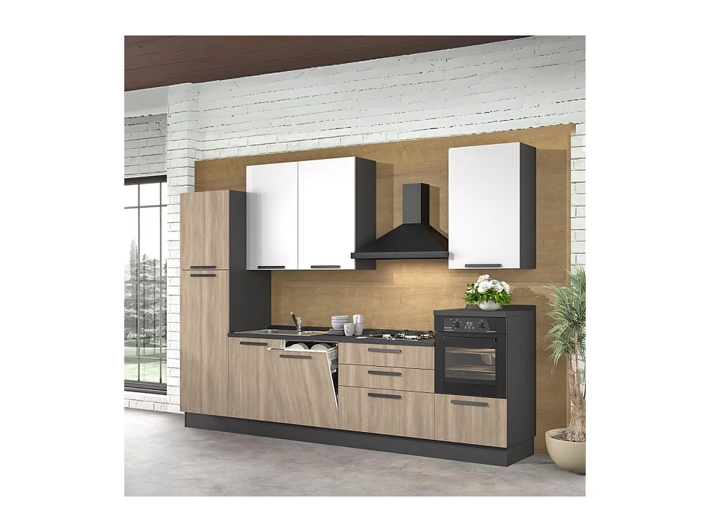 Cucina lineare moderna elettrodomestici inclusi Sinki 330 rovere gordon e bianco