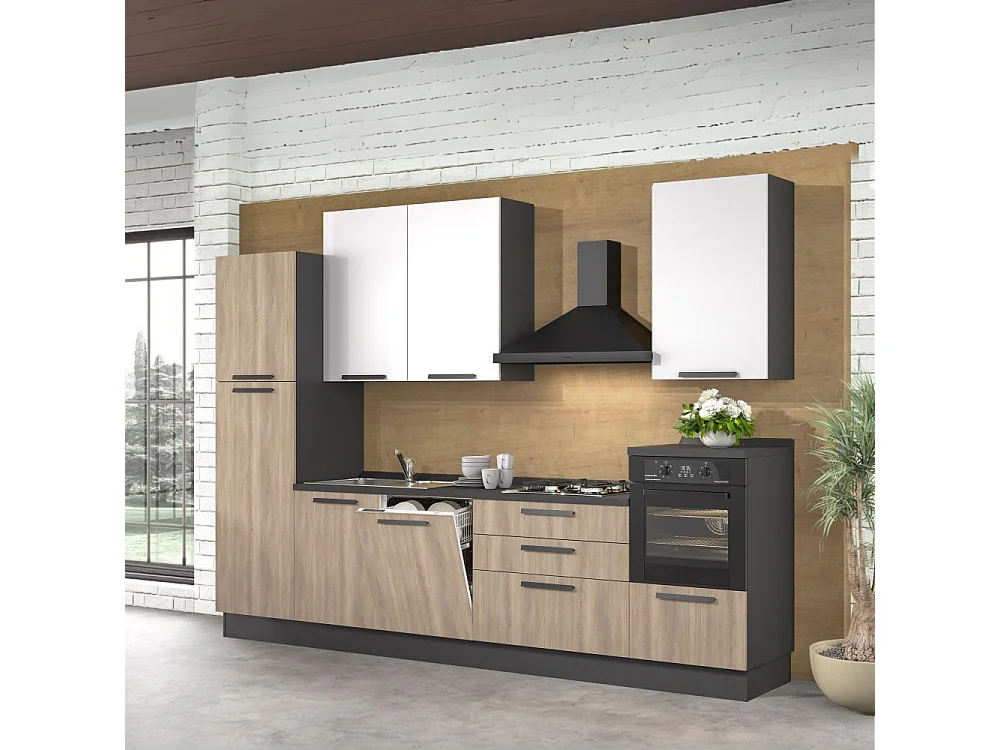 Cucina lineare moderna elettrodomestici inclusi Sinki 330 rovere gordon e bianco