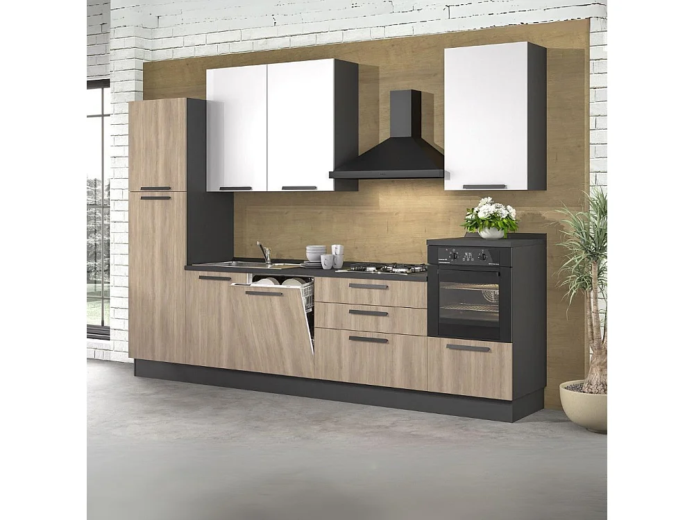 Cucina lineare moderna elettrodomestici inclusi Sinki 330 rovere gordon e bianco