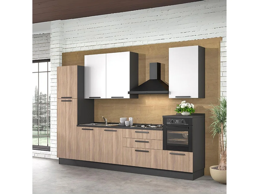 Cucina lineare moderna elettrodomestici inclusi Sinki 330 rovere gordon e bianco