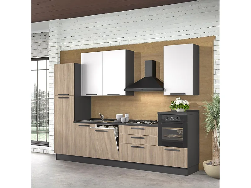 Cucina lineare moderna elettrodomestici inclusi Sinki 330 rovere gordon e bianco