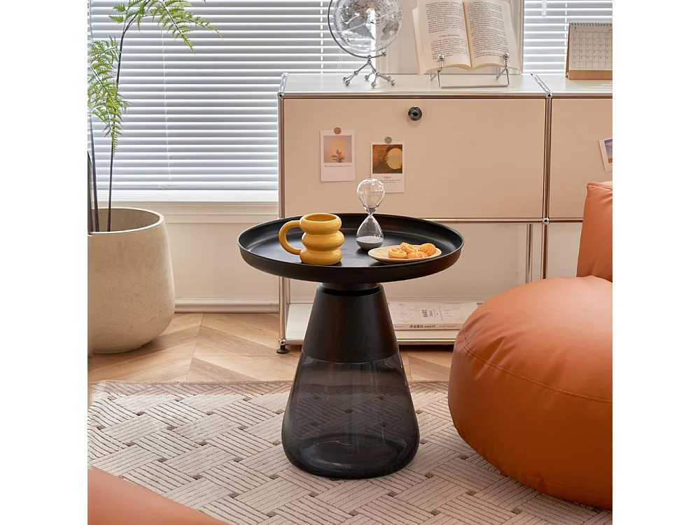 Tavolino rotondo da salotto base vetro fumè e piano verniciato nero Tiglio 60x60x43H