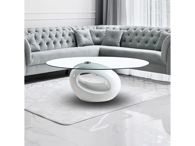 Tavolino da salotto con piano in vetro ovale e struttura bianco lucido 115x65x40 Miranda