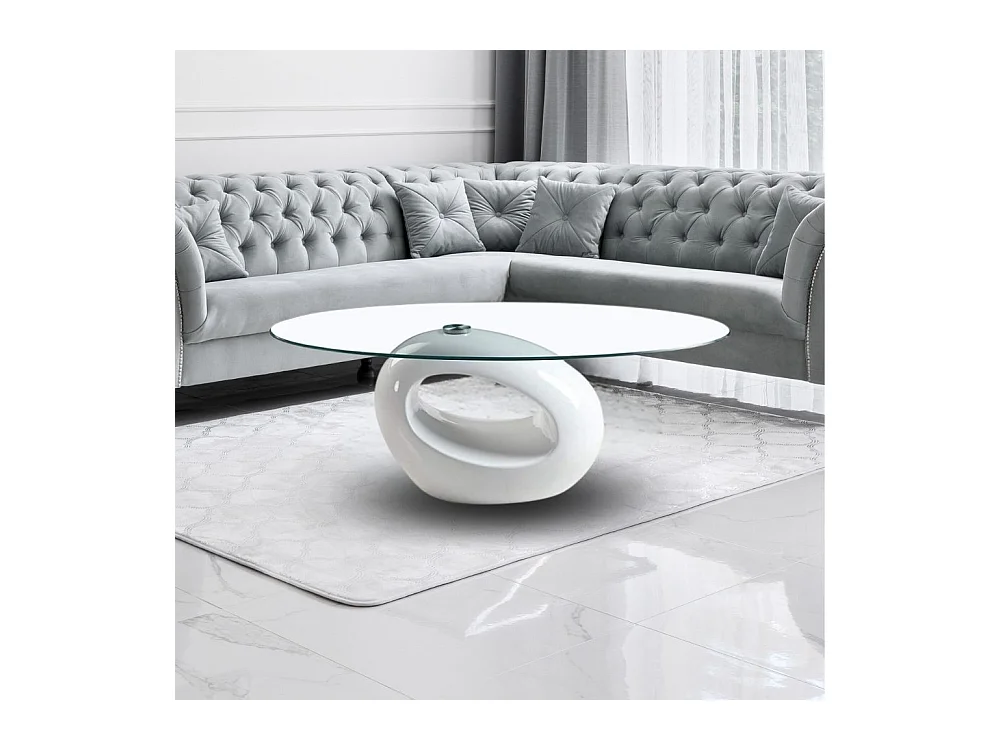 Tavolino da salotto con piano in vetro ovale e struttura bianco lucido 115x65x40 Miranda