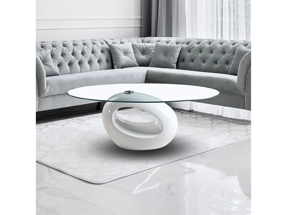 Tavolino da salotto con piano in vetro ovale e struttura bianco lucido 115x65x40 Miranda