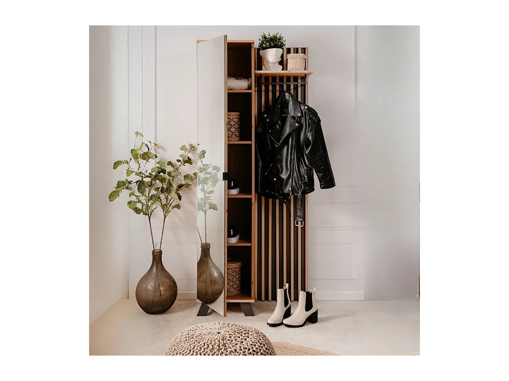 Mobile ingresso con frontale cannettato e anta a tutto specchio Medan42A colore quercia antracite 80x37x190H