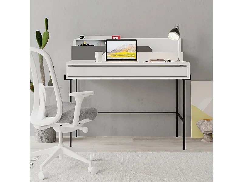Scrivania bianco con dettagli antracite e gambe nere Leila 110x60x101