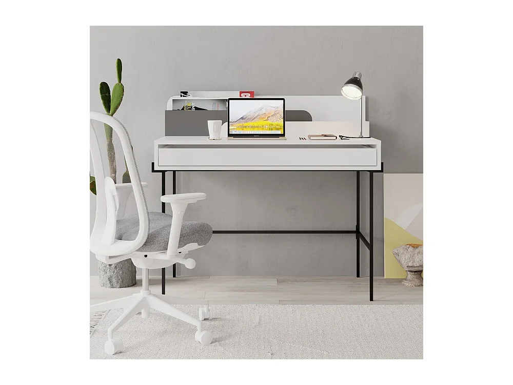 Scrivania bianco con dettagli antracite e gambe nere Leila 110x60x101