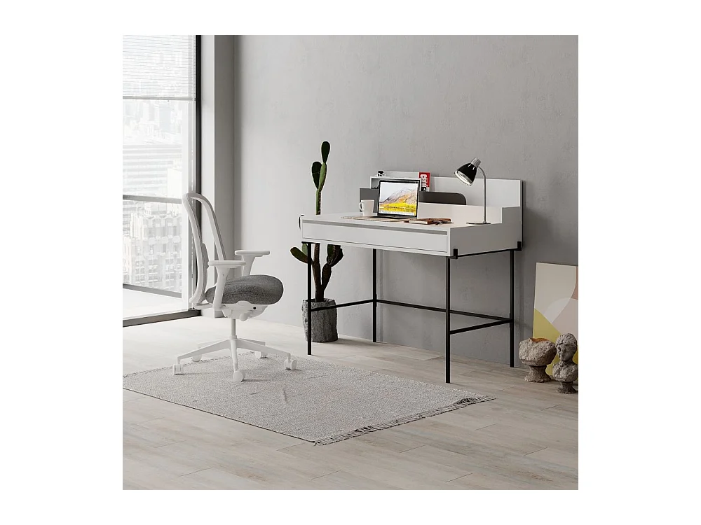 Scrivania bianco con dettagli antracite e gambe nere Leila 110x60x101