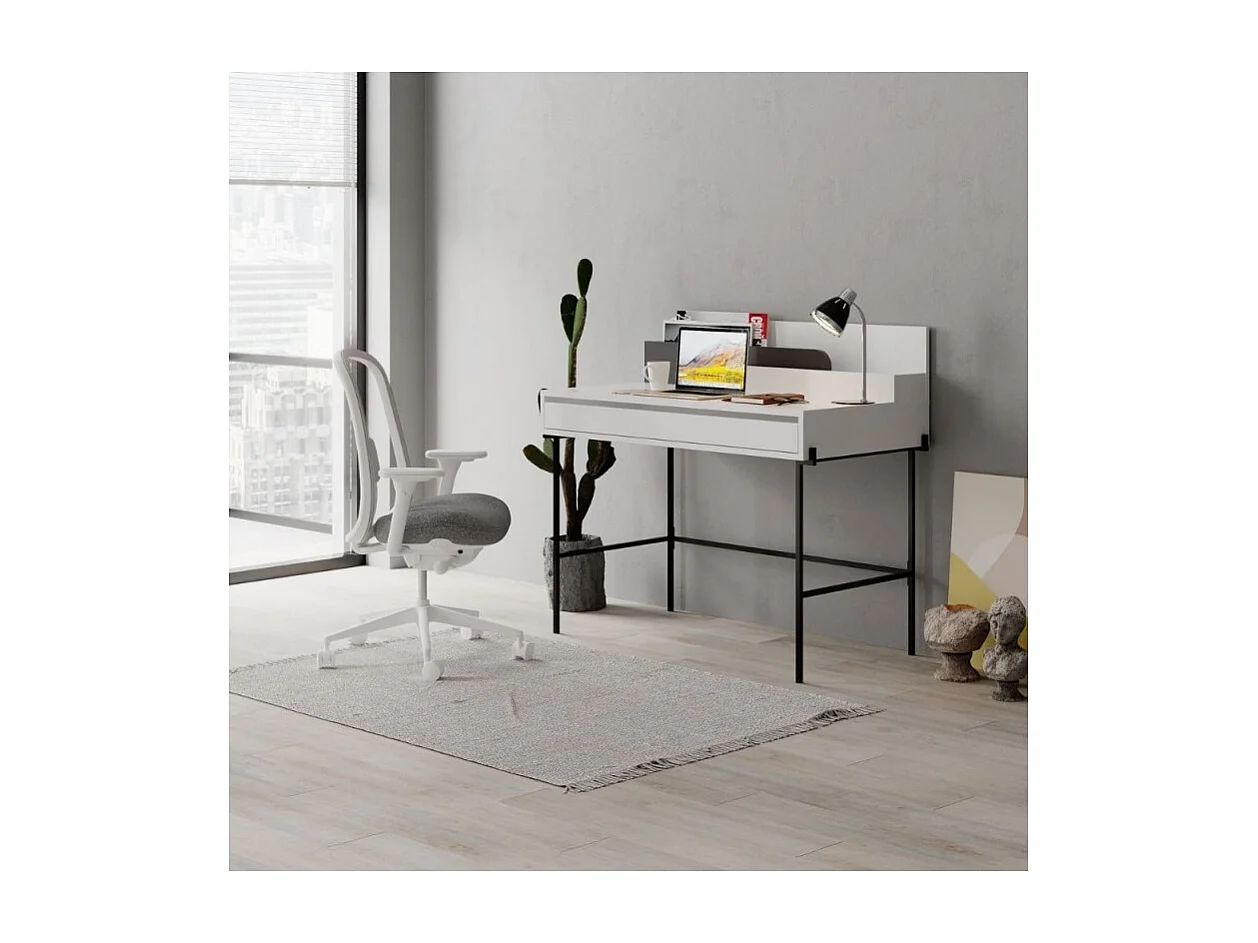 Scrivania bianco con dettagli antracite e gambe nere Leila 110x60x101