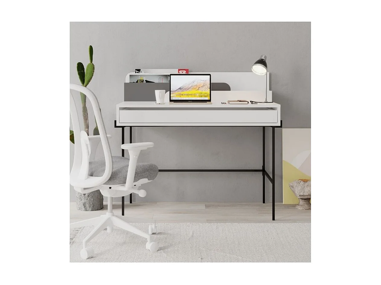 Scrivania bianco con dettagli antracite e gambe nere Leila 110x60x101