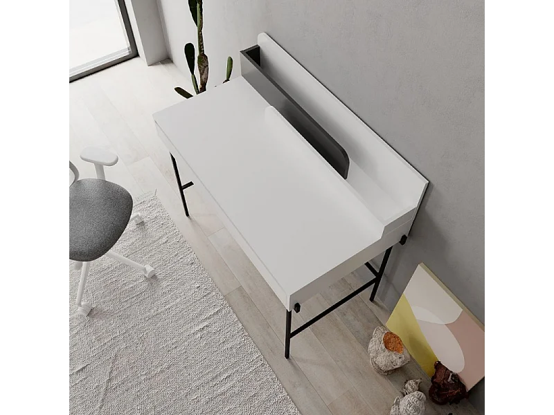 Scrivania bianco con dettagli antracite e gambe nere Leila 110x60x101