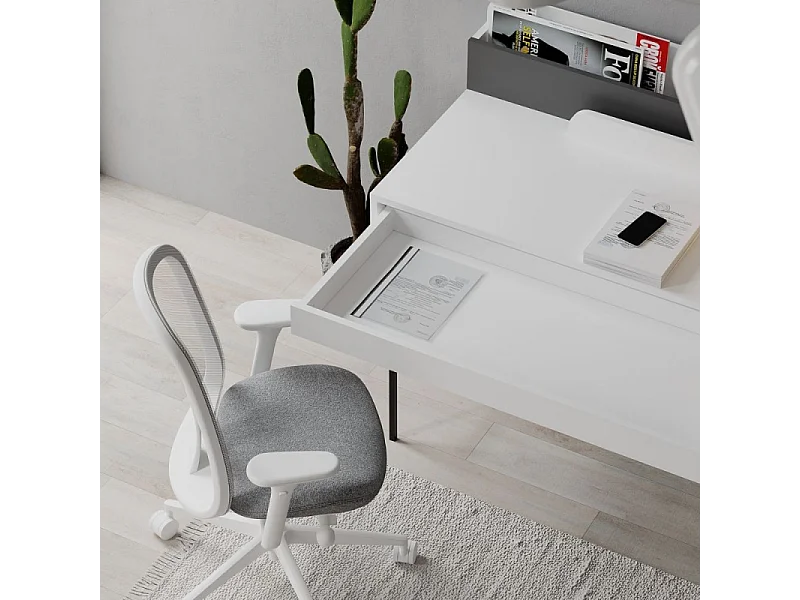 Scrivania bianco con dettagli antracite e gambe nere Leila 110x60x101