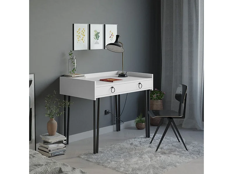 Scrivania bianca con gambe in metallo nero e cassetto Sponge 100x62x81,5