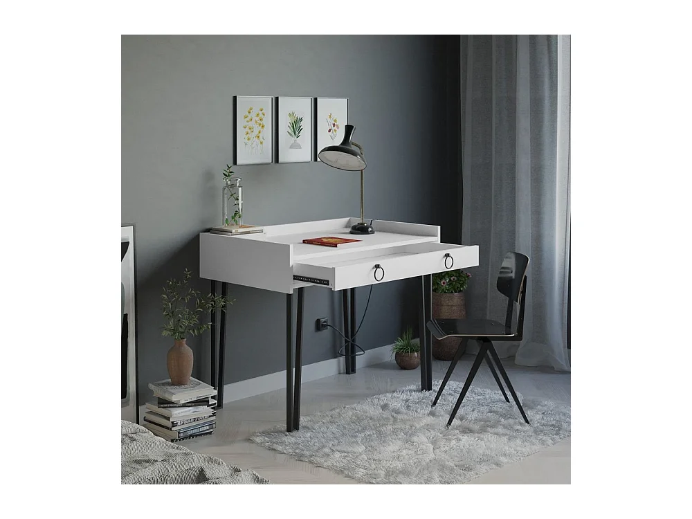 Scrivania bianca con gambe in metallo nero e cassetto Sponge 100x62x81,5