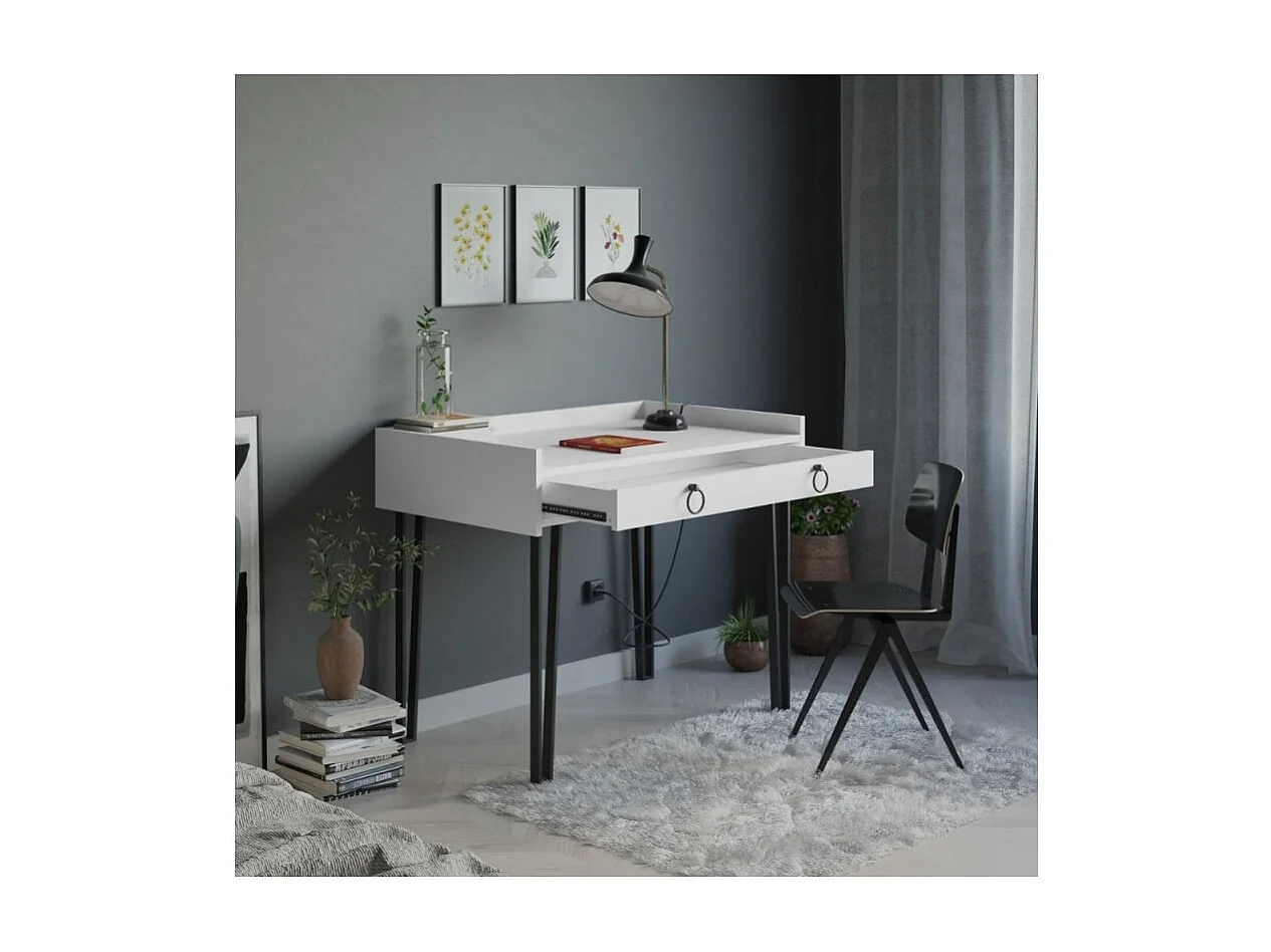 Scrivania bianca con gambe in metallo nero e cassetto Sponge 100x62x81,5
