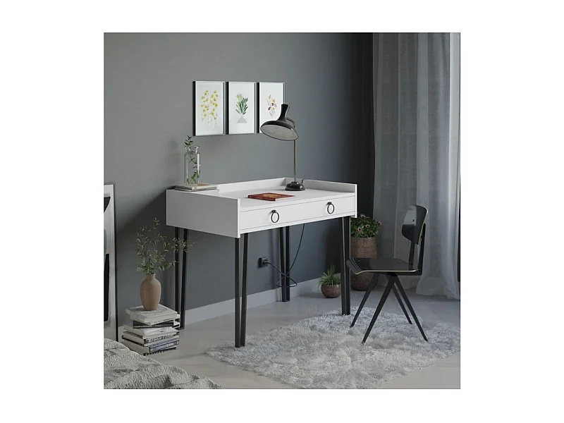 Scrivania bianca con gambe in metallo nero e cassetto Sponge 100x62x81,5