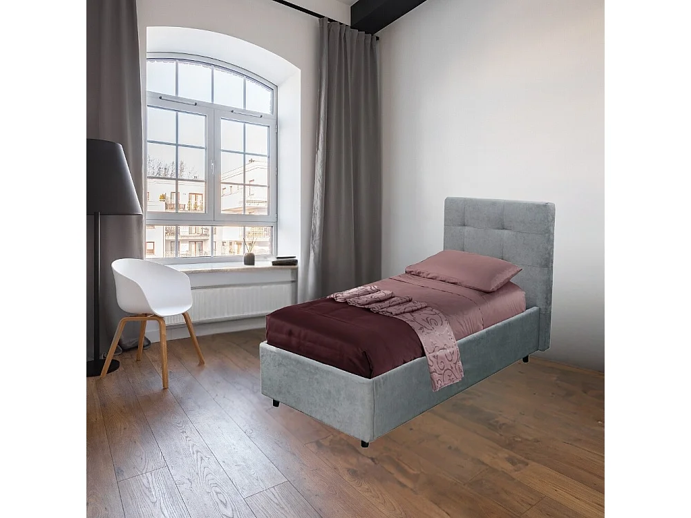 Letto singolo con contenitore Ascoli 102x210x110H tessuto colore grigio chiaro