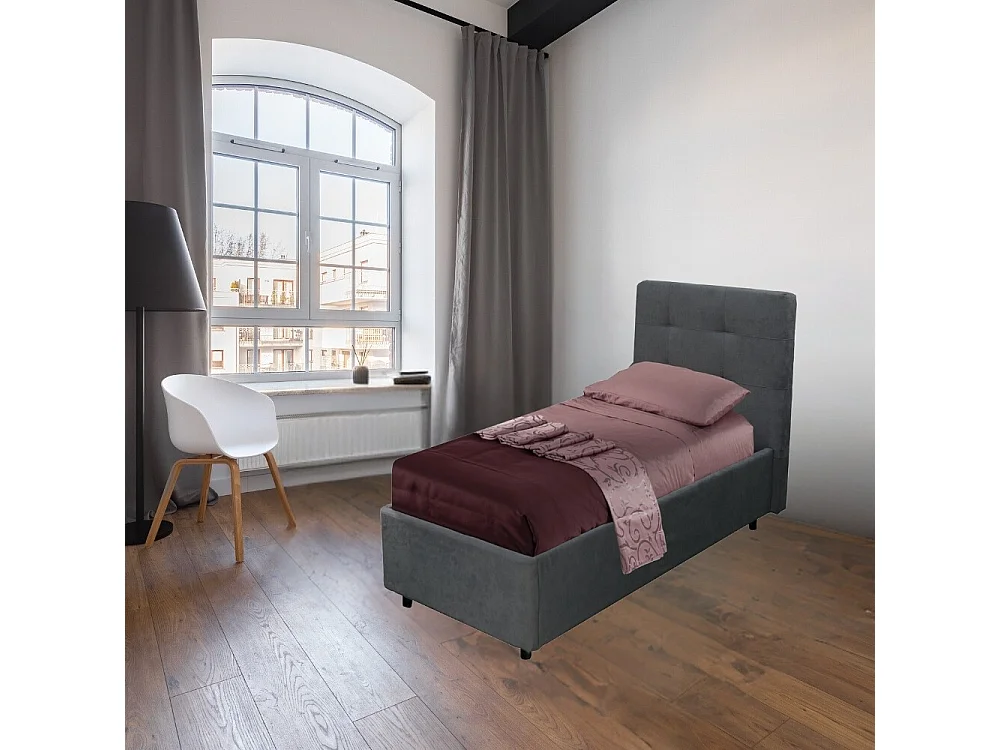 Letto singolo con contenitore Ascoli 102x210x110H tessuto colore ash grigio