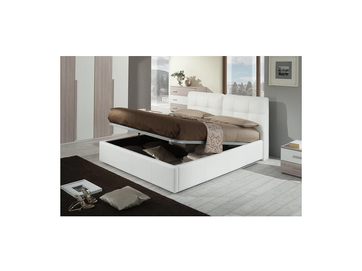 Letto matrimoniale con contenitore Melia ecopelle colore bianco