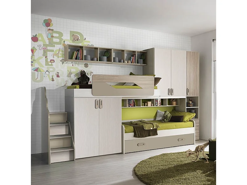 Cameretta soppalco con 3 letti Milly talco verde e brown