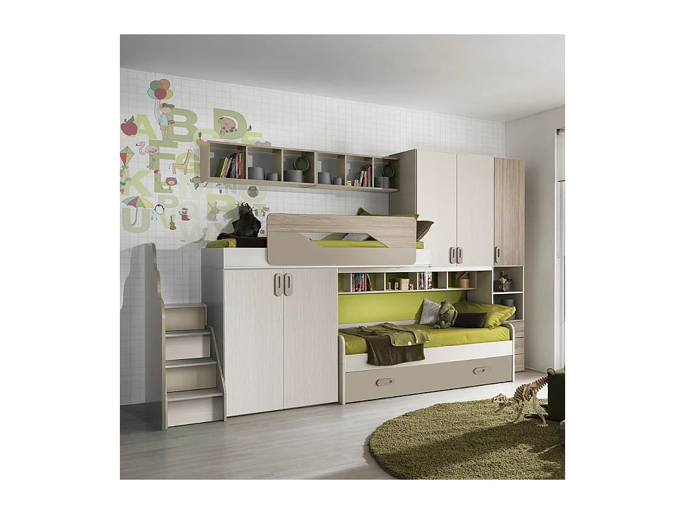 Cameretta soppalco con 3 letti Milly talco verde e brown