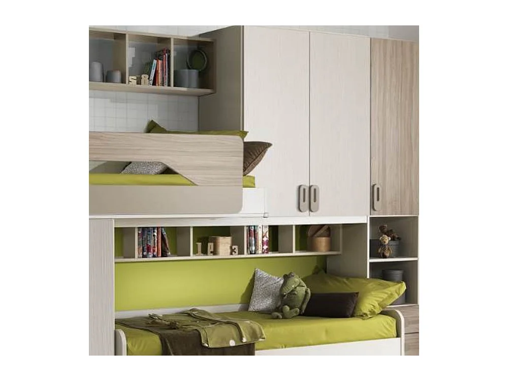 Cameretta soppalco con 3 letti Milly talco verde e brown