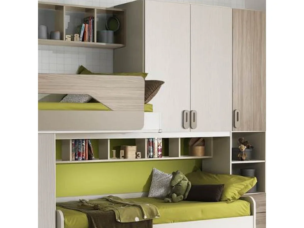 Cameretta soppalco con 3 letti Milly talco verde e brown