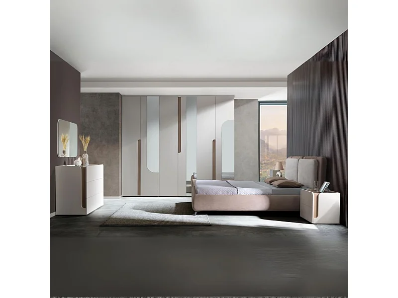 Camera da letto cashmere olmo biscotto armadio 6 ante con specchi e letto contenitore Loana