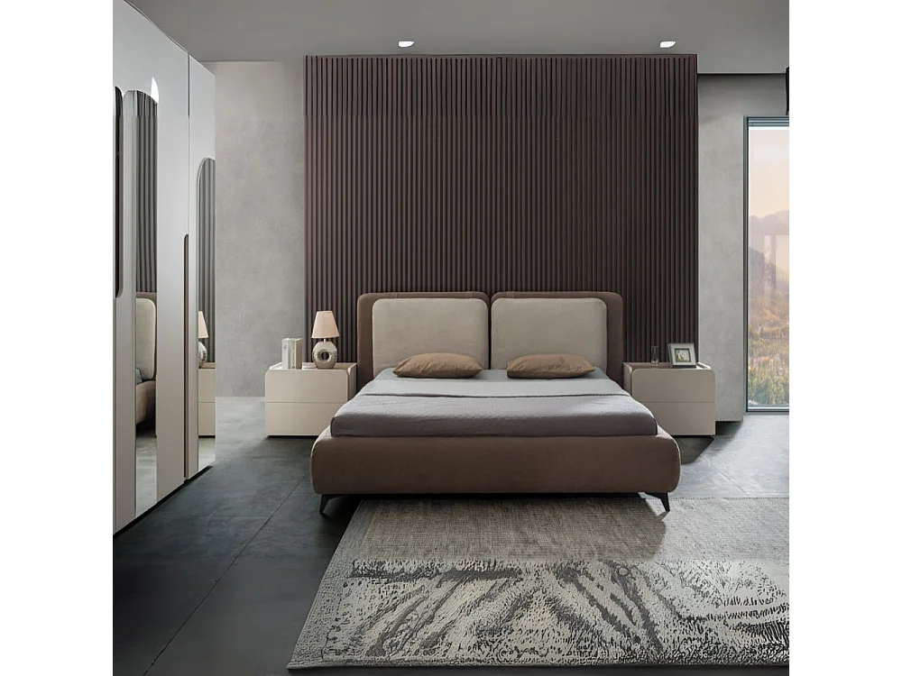 Camera da letto cashmere olmo biscotto armadio 6 ante con specchi e letto contenitore Loana