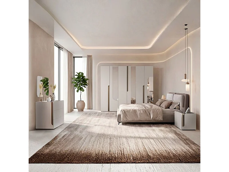 Camera da letto cashmere olmo biscotto armadio 6 ante con specchi e letto contenitore Loana